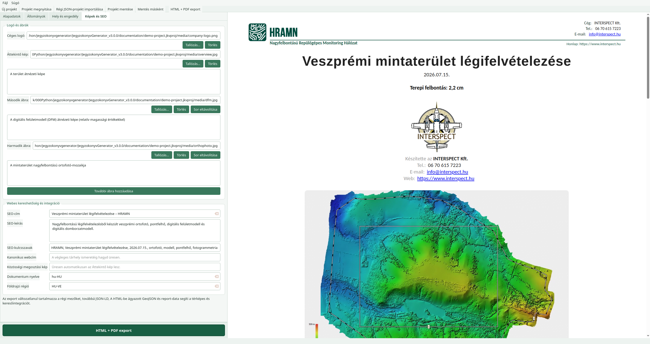 A Képek és SEO lap céglogóval, áttekintő képpel, további ábrákkal és keresőoptimalizálási mezőkkel